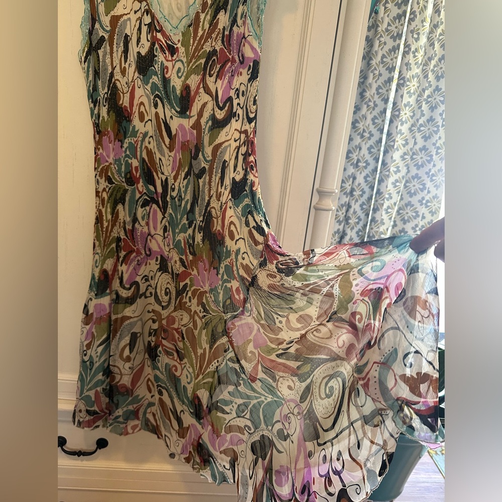 Vintage Sleeveless V-Neck Midi Dress Large Teal, Lavender, Cream & Brown - Picture 4 of 4